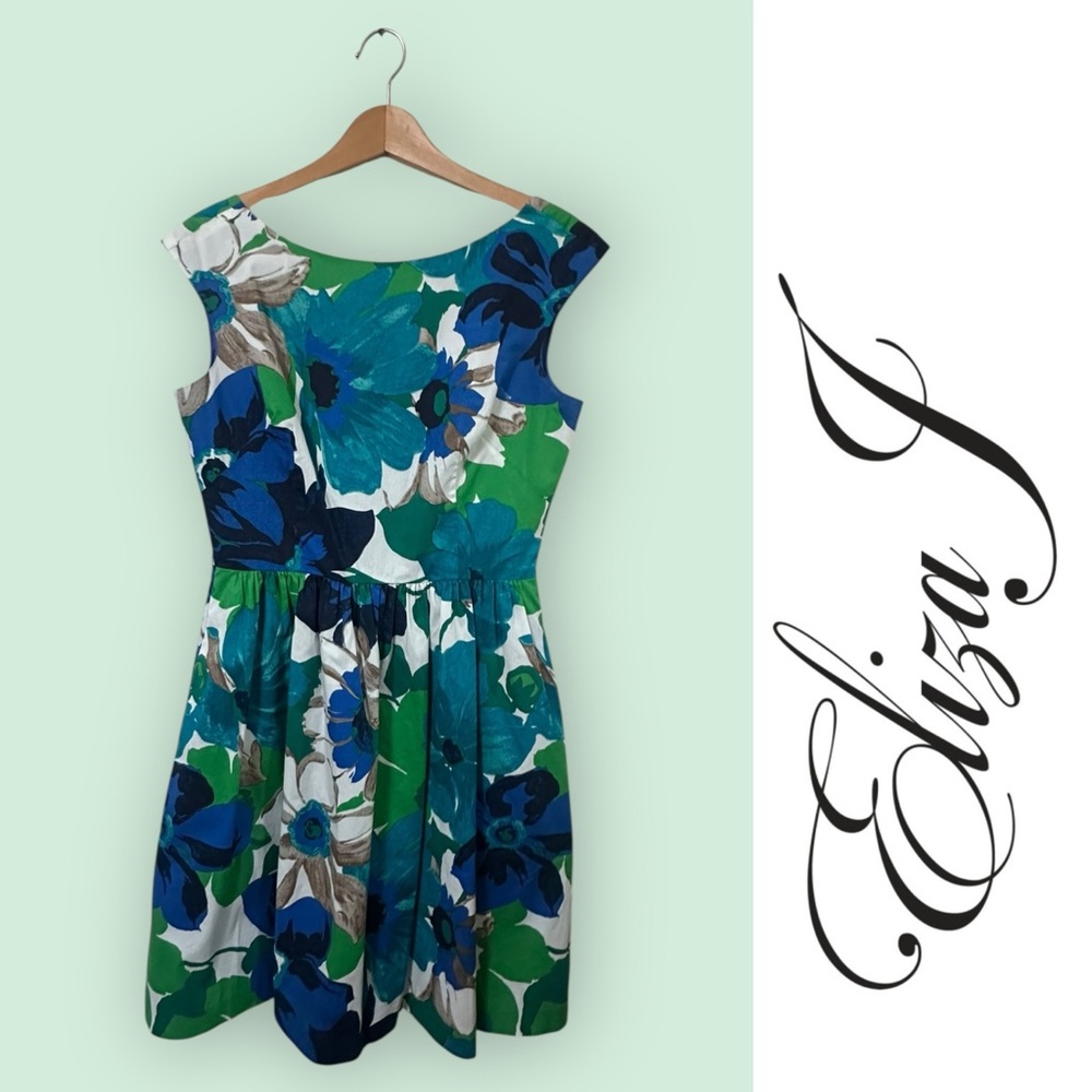 Eliza J Blue and Green Floral Fit & Flare‎ Dress, Size 8, MSRP $158